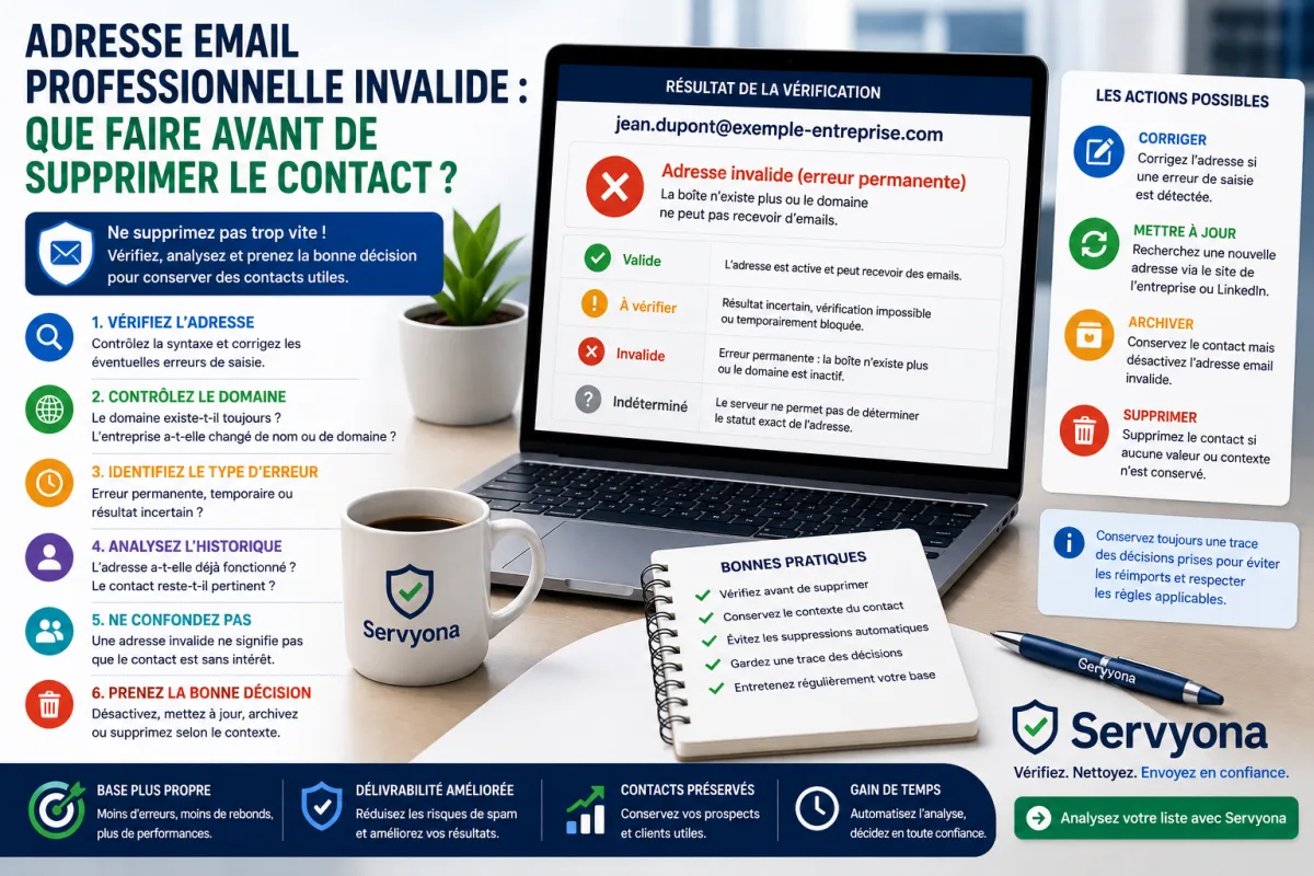 Contrôle d'une adresse email professionnelle invalide avant suppression