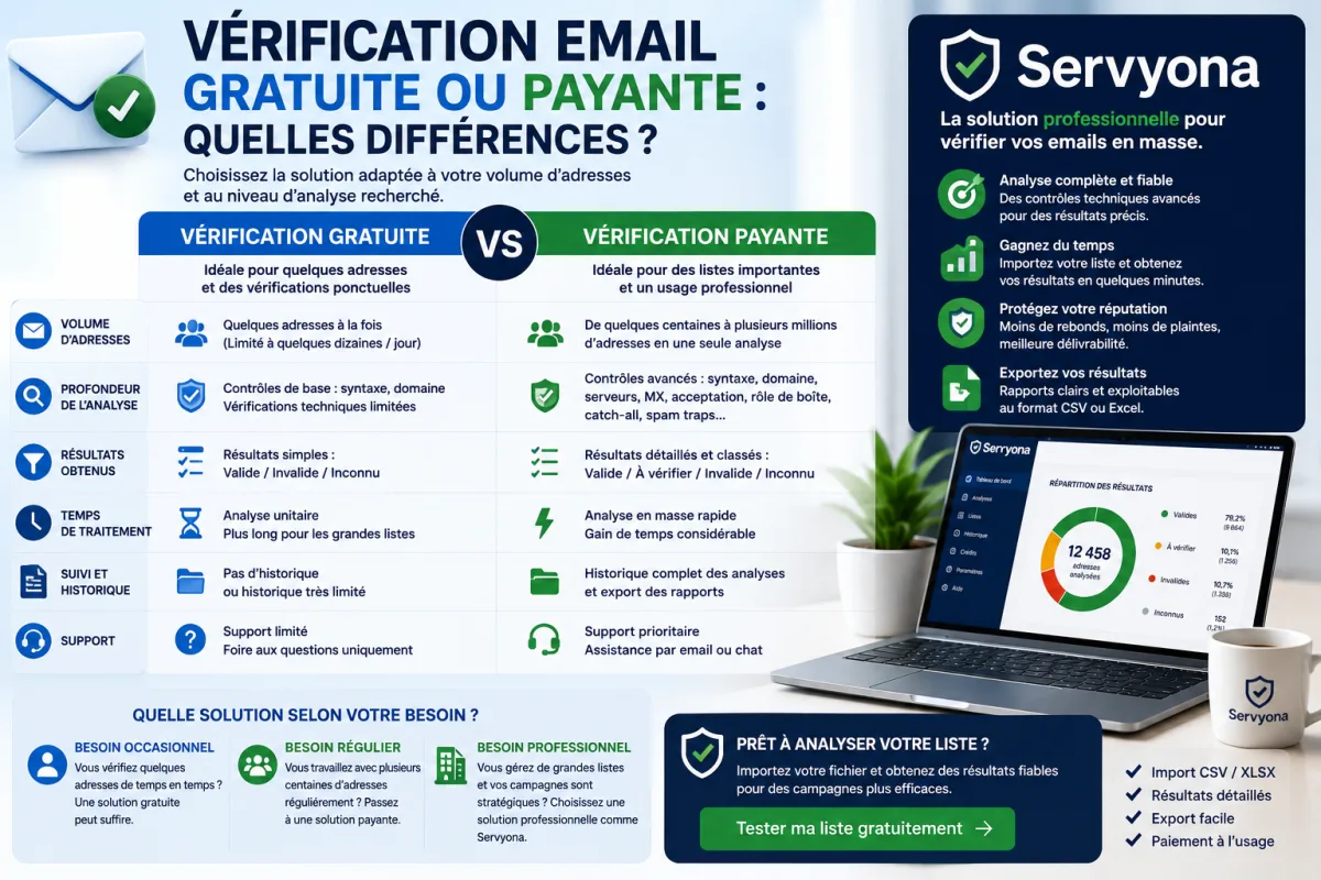 Comparaison entre vérification email gratuite et vérification professionnelle en masse