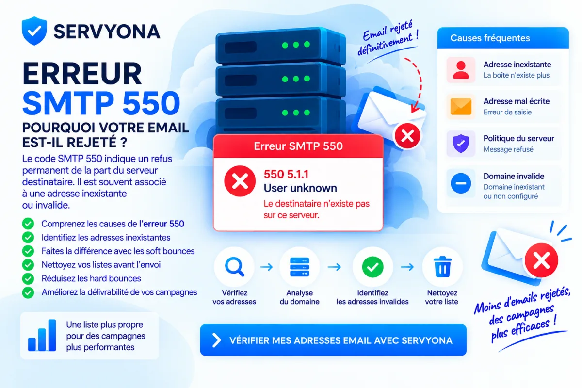 Erreur SMTP 550 et rejet d’une adresse email par le serveur